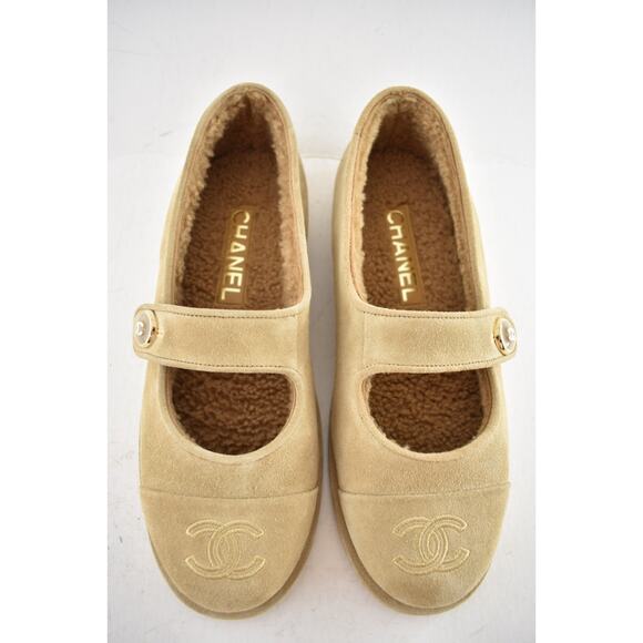 Chanel 25B Beige Suede Shearling Fur Mary Jane Moccasin Ballet Loafer Flat 38.5 - Picture 3 of 16